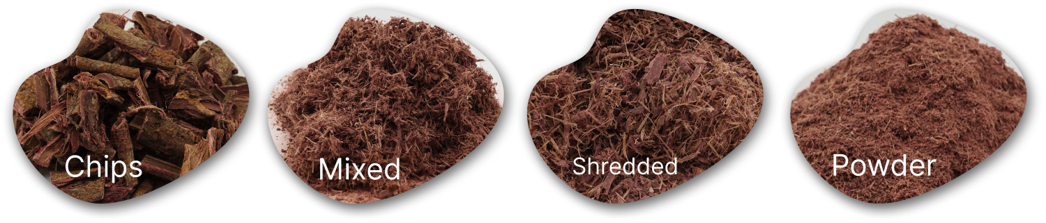 Mimosa Hostilis Root Bark product types — Chips, Mixed, Shredded, Powder