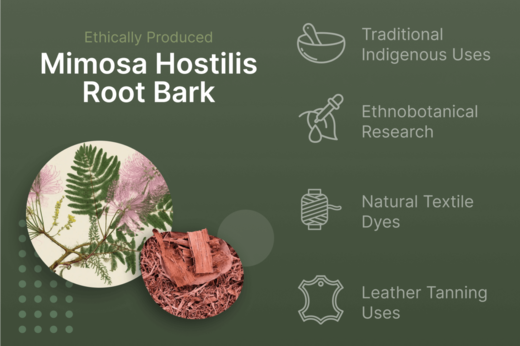 Ethically produced Mimosa Hostilis root bark for traditional uses, research, dyes, and leather tanning.